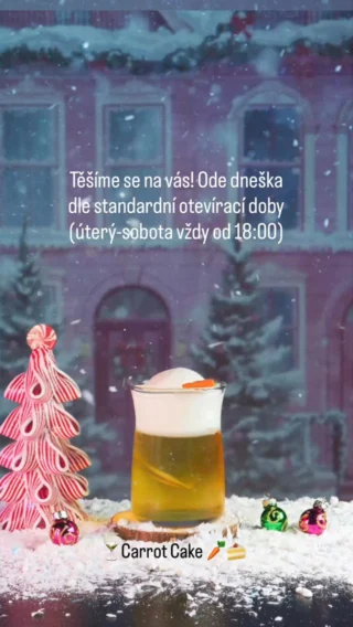Stavte se k nám užít si lahodný koktejl a klidnou atmosféru 🤗 Těšíme se na vás!
Od dneška opět dle standardní otevírací doby (úterý–sobota vždy od 18:00).

Kdo se staví třeba na tento zimní speciál inspirovaný populárním mrkvačem? 🥕🍸#